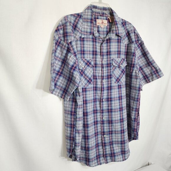 Real Work Wear Men Shirt Size XL Pearl Snap Green Blue Plaid Short Sleeve Pocket - Picture 4 of 9